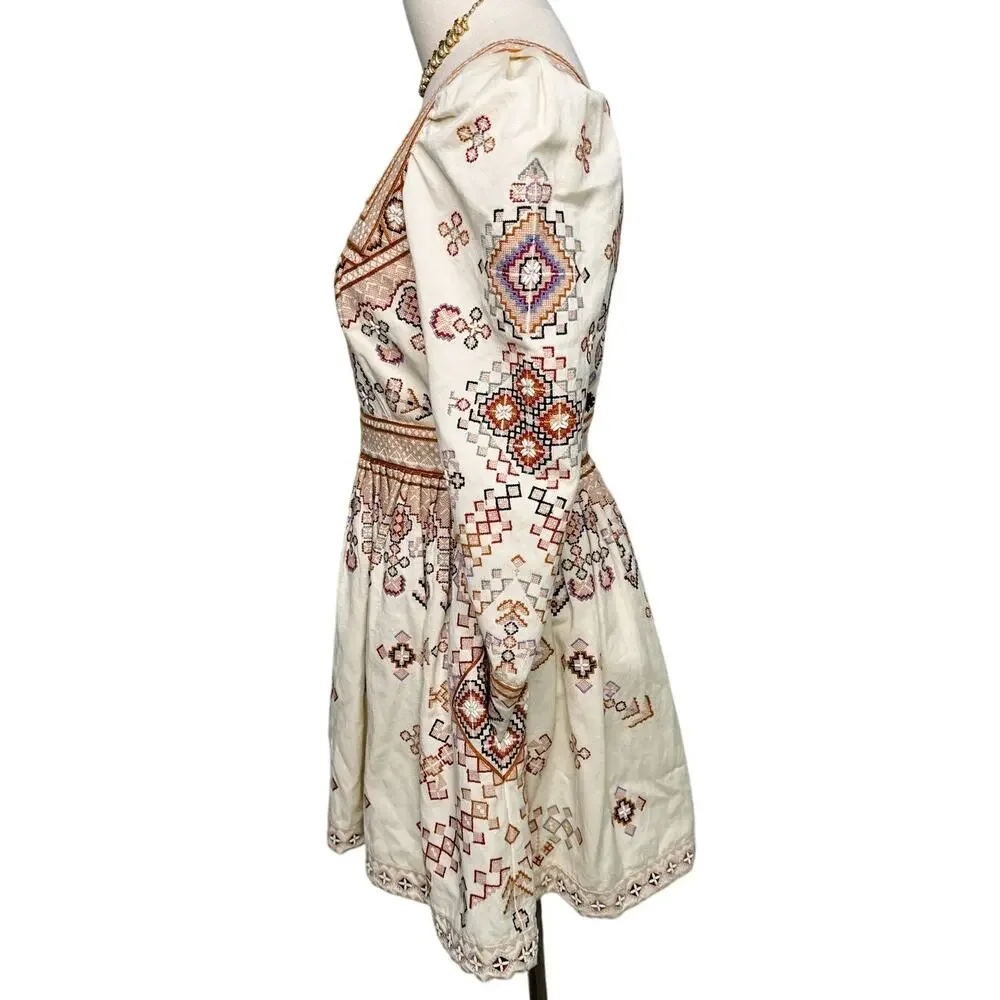 Ulla Johnson Adilah Beaded Embroidered Cotton Linen Mini Dress Ochre size 0